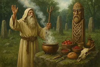 Inszenierung es keltischen Druiden, der ein Ritual an einem Wikinger-Schrein abhält