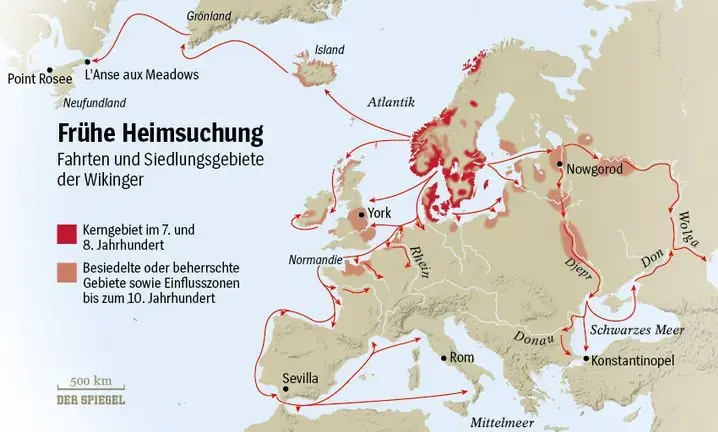 Weltkarte über die Routen und Ausbreitung der Wikinger von Skandinavien bis Nordamerika