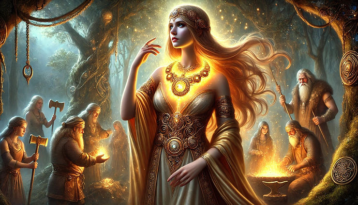 Die nordische Göttin Freyja mit ihrer Halskette Brisingamen, im Hintergrund stehen Zwergenschmiede